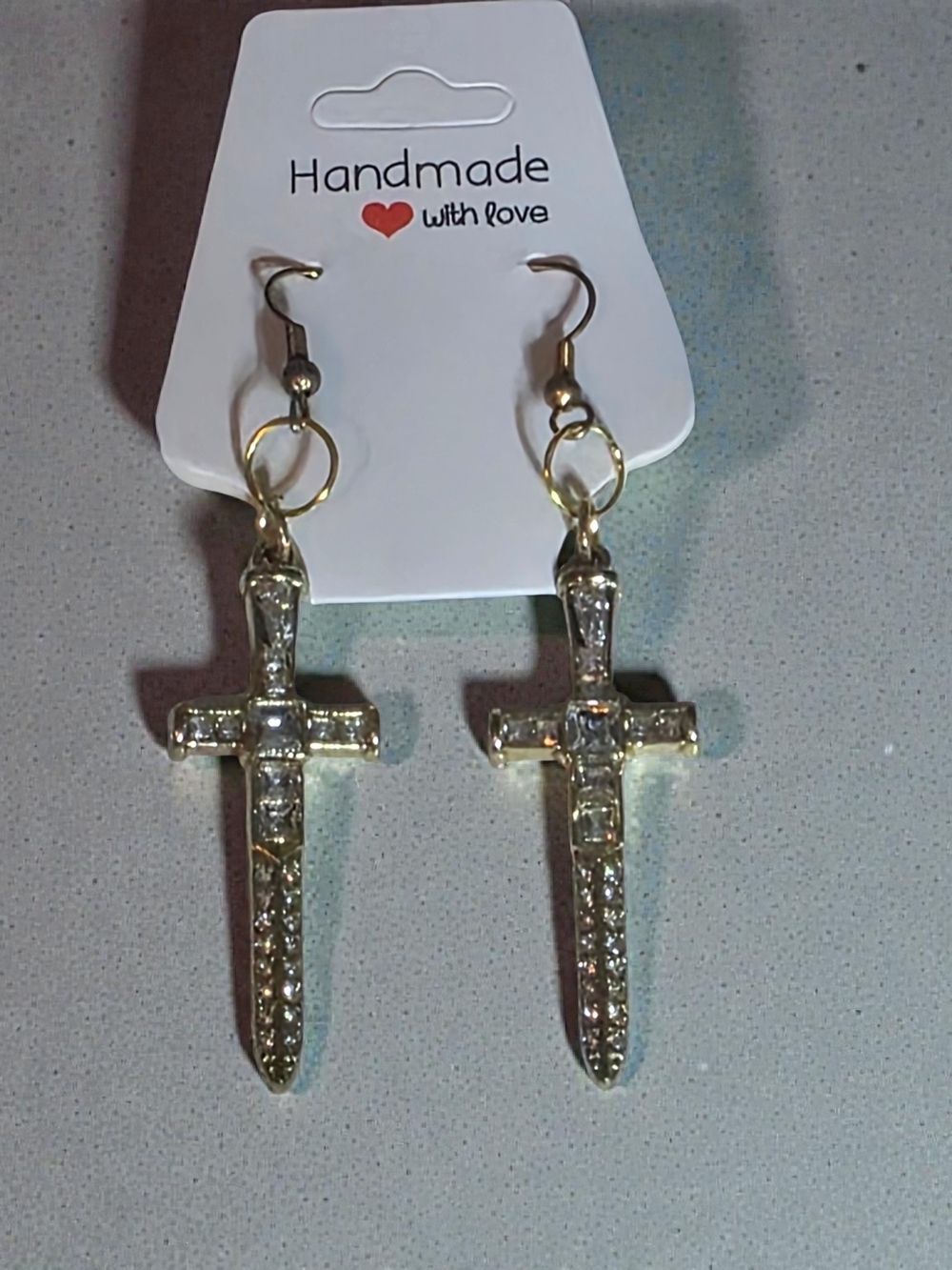 Handmade Gold Rhinestone Cross Dagger Dangle Earrings